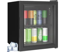 TEKROA® Mini Koelkast met Glazen Deur - Drankenkoelkast 46L (59 Blikjes) - Vrijstaand - Touchscreen 0-20°C - LED Verlichting - Stil (39dB) - Zwart