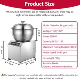 Deegkneedmachine - Keukenmixer - Professioneel Bakken - Bidirectionele Rotatie - 5/8KG Capaciteit - Zilver — thumbnail 4