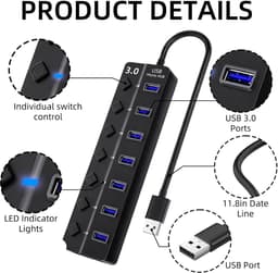 USB Hub - Verlenger Poorten - Apparaten Verbinden - 7 Poorten - 5 Gbps - Zwart — thumbnail 5