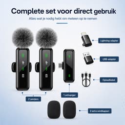 Draadloze Microfoon - 2 Stuks - USB-C & Lightning - Plug Play - Ruisonderdrukking - Windkapjes - Voor Vlogs, Interviews en Livestreams - Zwart — thumbnail 2
