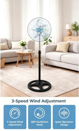 Ventilator Staand – Statiefventilator – Vloerventilator – 125 CM - 90° Oscillatie – 5 Ventilatorbladen – Stille Werking – Verzwaarde Voet - Staande Ventilator — thumbnail 5