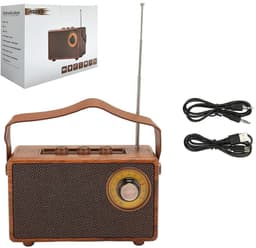 Draagbare radio - Retro radio - Draadloze Bluetooth-luidspreker - 360° stereo - Bluetooth 5.4 - 6,5*16*9 cm - Radio op batterijen - USB-aansluiting - Radio-afstemknop - Bruin - WALALLA AS23 — thumbnail 1