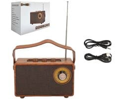 Draagbare radio - Retro radio - Draadloze Bluetooth-luidspreker - 360° stereo - Bluetooth 5.4 - 6,5*16*9 cm - Radio op batterijen - USB-aansluiting - Radio-afstemknop - Bruin - WALALLA AS23