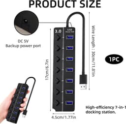 USB Hub - USB Hub Extender - Computer Uitbreiding - 7 Poorten - 5 Gbps - Zwart — thumbnail 4