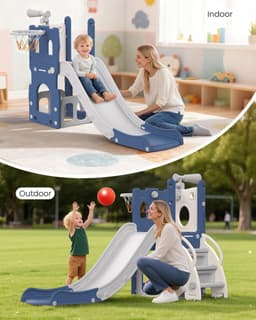 5-in-1 glijbaan voor kinderen, 5-in-1 glijbaan voor binnen en buiten, speelplaats voor kinderen met basketbalmand, opbergruimte en telescoop, speelplaats voor kinderen vanaf 1 jaar, blauw — thumbnail 3
