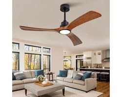 52 inch Plafondventilator met Licht - Slimme dubbele bediening via afstandsbediening en wandschakelaar - Omkeerbare DC-motor met geheugenfunctie - Stille werking - 3 massief houten bladen - Geschikt voor woonkamer