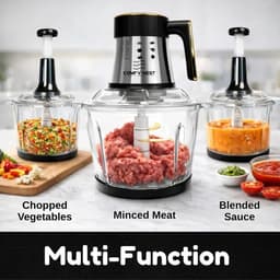 Elektrische Hakmolen 3-in-1 – Foodprocessor met 2 x 3L Kom – Glas en RVS – 200W – 6 RVS Messen — thumbnail 2