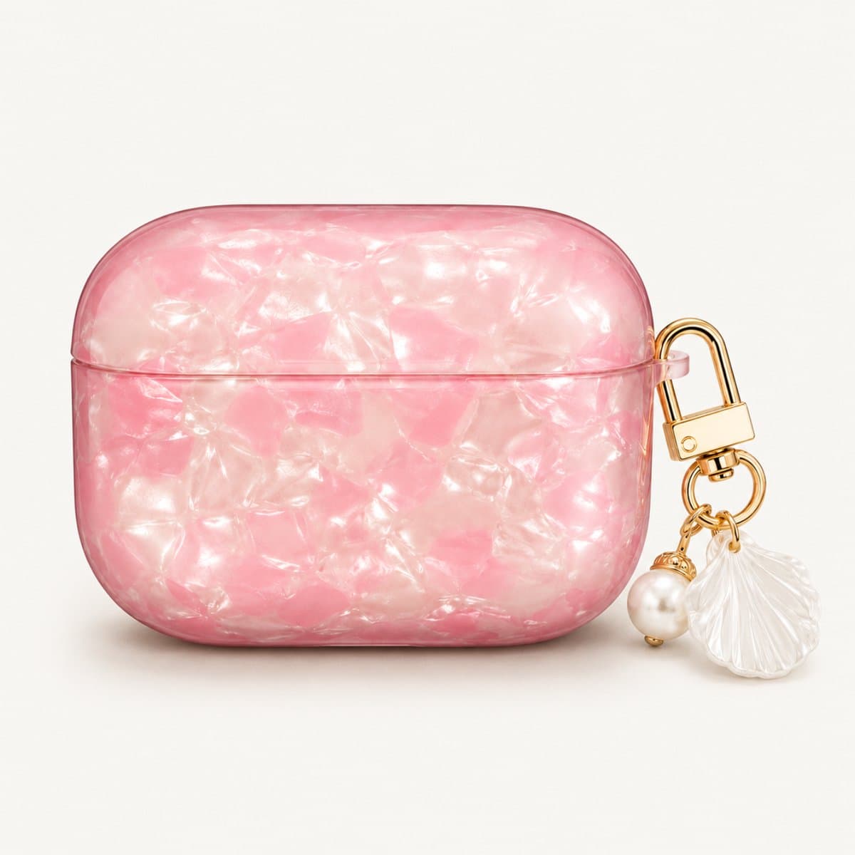 Enluxe Case geschikt voor Airpods 4 - Roze Parelmoer Shell - Glanzend Hoesje met Parelhanger, Schokbestendig Hoesje — afbeelding 1