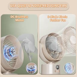 USB Bureauventilator - 3 snelheden - 3600mAh accu - Stille bionische verenbladen - 140° kantelbaar en automatisch schommelend - Draagbaar voor thuis, kantoor en kamperen - Beige — thumbnail 5