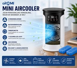 oROMI Mini Aircooler met Waterverneveling – 6 Snelheden – 300 ml Watertank – 7 Kleuren LED – Timer – USB Tafelventilator met 2 Koelelementen — thumbnail 2