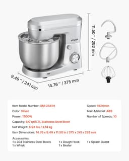 Keukenmachine - Mixer Bakken - Grote Hoeveelheden Maken - 10 Snelheden - 5.7 Liter Kom - Zilver — thumbnail 4