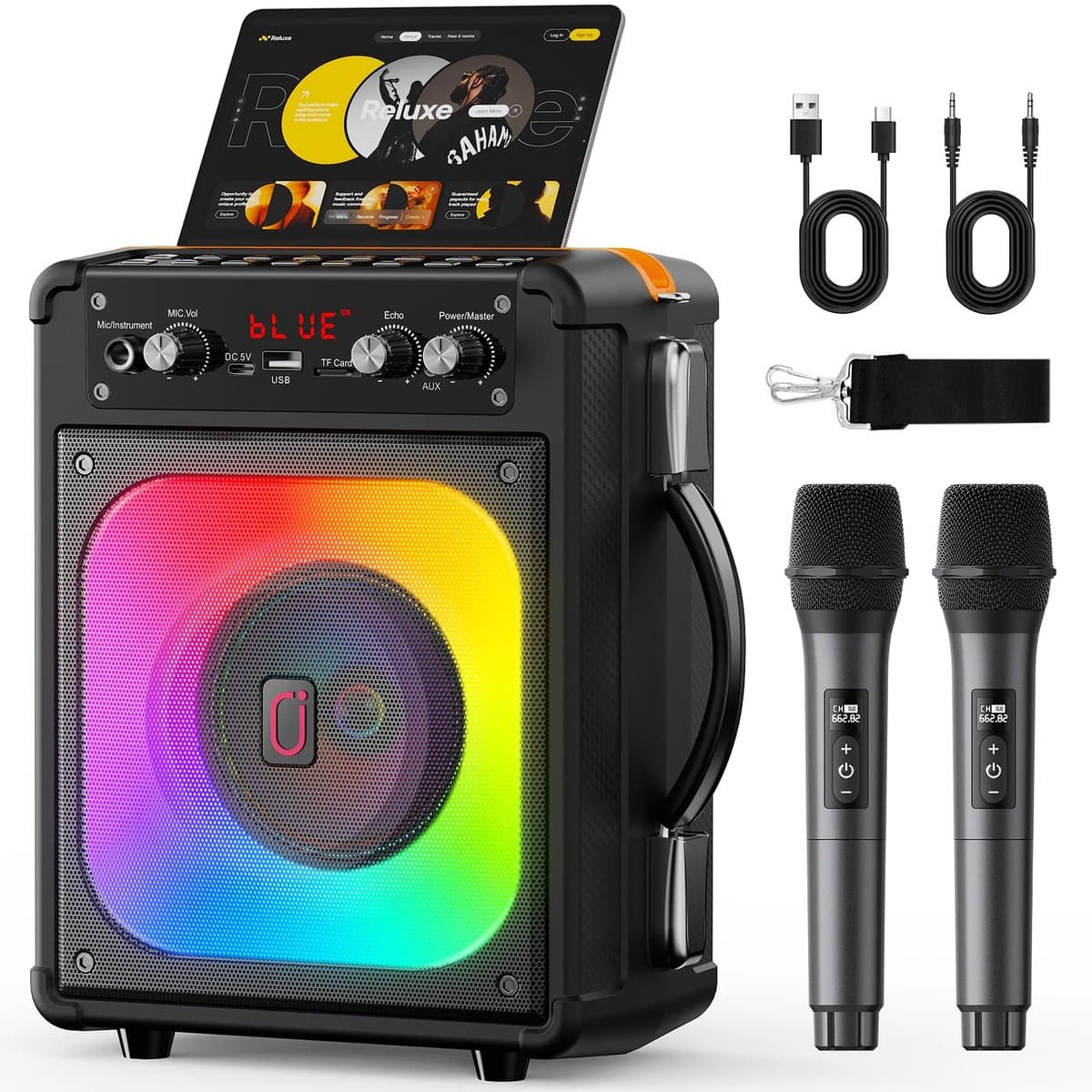 Velmio Karaoke Set - 2 Draadloze Microfoons – 500W - LichtFX & opnamefunctie - Verschillende aansluitingen - Karaoke set voor volwassenen — afbeelding 1