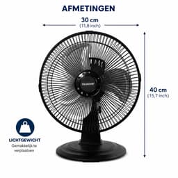 Tafelventilator 30 cm - 3 Snelheden - 90° Oscillatie - Stille ventilator - Zwart — thumbnail 4
