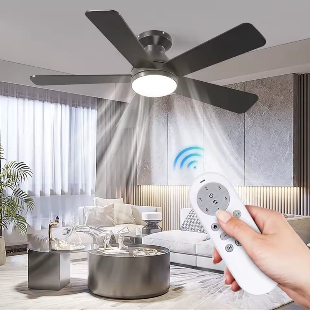 Plafondventilator Ø105 cm - 3 Temperaturen - Fluisterstil - Met Afstandsbediening - 6 Snelheden - Timer - Zomer/Winter functie - Zwart - 40W — afbeelding 1