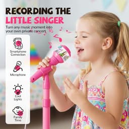 Roze Karaokemicrofoon voor kinderen met verstelbare standaard – draagbare microfoon om mee te zingen, in hoogte verstelbaar, met knipperende lichtshow in de voet – voor jongens en meisjes van 3 tot 6 jaar — thumbnail 2