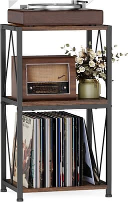Lìon® Platenspeler Meubel - Laadcapaciteit tot 50kg - LP Opbergsysteem - Platenspelerkast - Bruin/Zwart - 40cm x 30cm x 76cm — thumbnail 1