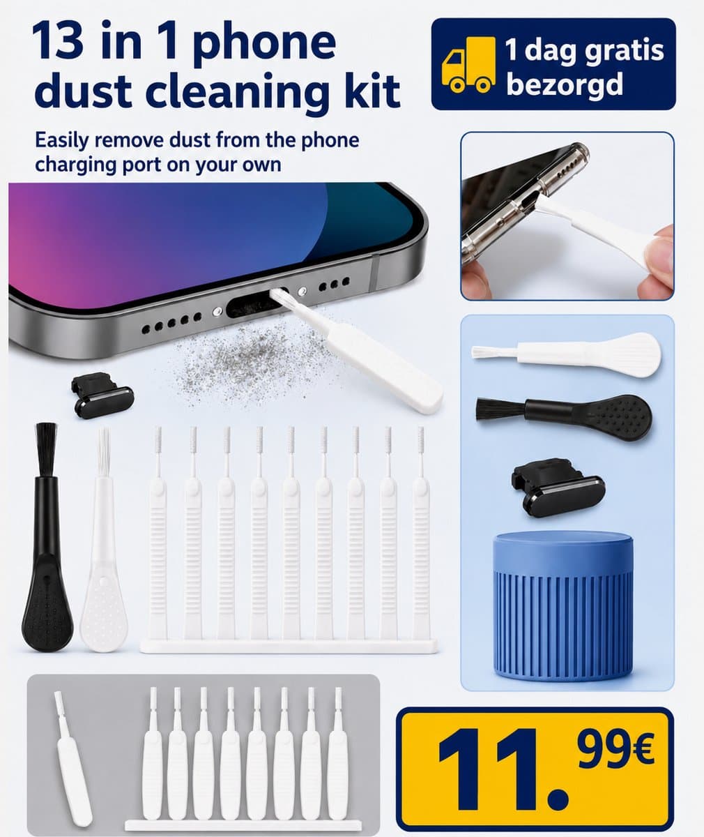 13-delige Telefoon Reinigingsset – Oplaadpoort Reiniger voor Smartphones & Oordopjes – Morgen in Huis — afbeelding 1