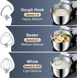 Keukenmachine 1500W – 5L RVS Mengkom – 10 Snelheden – Kneedmachine met 3 Opzetstukken – Zwart/Wit — thumbnail 3