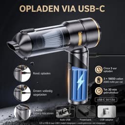 Auto Stofzuiger Draadloos 4-in-1 – Opvouwbare Handstofzuiger met Blaasfunctie – 16 kPa – 80.000 RPM – 3 Standen – USB-C – 11 Accessoires – Zwart/Goud — thumbnail 2