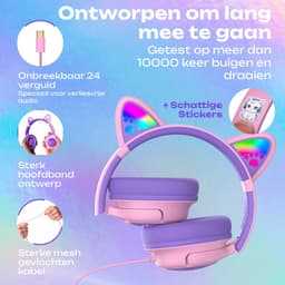 PowerLocus Bobo – USB-C Kinder Koptelefoon met Draad - Koptelefoon voor kinderen - Veilig volume van 85dB en 94dB - Katten Oortjes - Led Verlichting - Met microfoon – Stickers – Paars/Roze — thumbnail 4