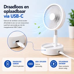 3-1 Ventilator Staand - Tafelventilator - Vloerventilator USB-C - 4 Standen - Draadloos en Geluidloos Fluisterstil - Fans - Staande Mini Ventilator - Kleine Statiefventilator - Aircooler - Mobiele Airco - 19,5 x 19,5 x 2,5 cm - Wit - Silvergear — thumbnail 3