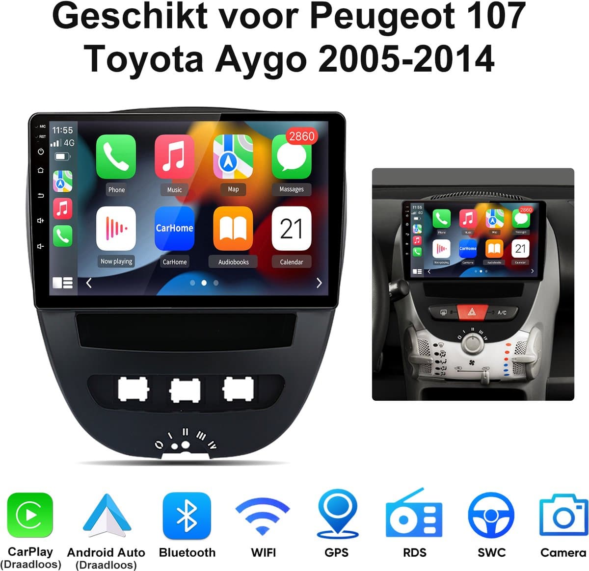Junsun Autoradio met Draadloos Carplay & Android Auto Geschikt voor Peugeot 107 Toyota Aygo 2005-2014 - GPS-multimedianavigatie - 10 Inch HD IPS Touchscreen - Bluetooth - WiFi - USB - 2+64GB - Plug & Play — afbeelding 1
