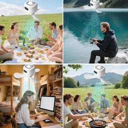 Oplaadbare Plafondventilator met Verlichting - Camping, Buiten - met Afstandsbediening, Timer, USB - voor Terras, Paviljoen - Wit - 1 Stuk — thumbnail 2