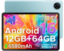 DOOGEE TAB A9 - Tablet - Android 16 - 12GB RAM + 64GB ROM（2TB/TF） - 10 Inch - 6580 mAh - 5G WiFi - Tablet Unisoc T310 - Dubbele Luidspreker - 3,5 mm aansluiting - Face ID - Blauw