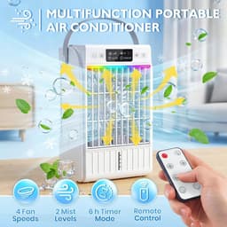 Sander Shop Mini-luchtkoeler, mobiel, 4-in-1 draagbare airconditioning, klein met afstandsbediening, 1500 ml watertank, 4 snelheden, 2 mistmodi, RGB-licht, timer, ventilator met waterkoeling voor keuken — thumbnail 2