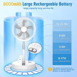 Opvouwbare vloerventilator - Draagbare oscillerende ventilator - Werkt op een oplaadbare batterij van 8000 mAh - Kleine ventilator - Met afstandsbediening - Stille tafelventilator - Geschikt voor kantoor, kamperen en reizen - Zwart — thumbnail 4