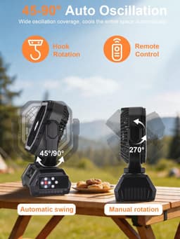 Campingventilator met LED Lantaarn 30000 mAh - Oplaadbare Tentventilator met Licht, Haak en USB - Desktopventilator voor Kamperen en Vissen - Zwart — thumbnail 4