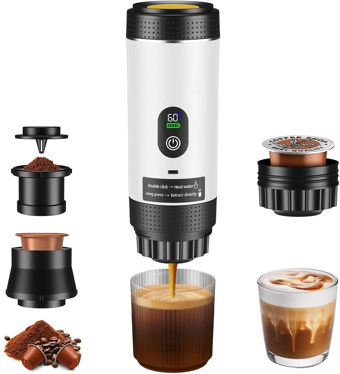 Cellista Draagbare Espressomachine - Koffiezetapparaat - Capsule Koffiemachine - 3-in-1 Koffiezetter - Nespresso Dolce Gusto Gemalen Koffie - 20 BAR - 7500 mAh - 80 ml - Wit — afbeelding 1