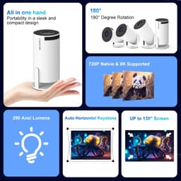 LabelOne Beamer - Projector - Mini Beamer - 8000 lumen - 8K - draagbaar - 180° rotatie - speaker - afstandsbediening - wit — thumbnail 3