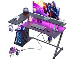 Gaming Bureau met LED Verlichting - 100L x 88H x 65B cm - L-Vormig Hoekbureau met Stopcontact - Met USB en Type-C-poort - Met Bekerhouder & IJzeren Haak - Gaming Desk - Computer Tafel - Gaming Tafel met Monitorstandaard - 3 Laags Opbergrekken - Zwart