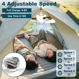 Draagbare campingventilator, 27 cm (10,6 inch) tentplafondventilator, oplaadbare 8000mAh accu met verlichting en haak, timerfunctie en automatische uitschakeling, afneembare ventilatorbladen, geschikt voor tentluifel, camper, veranda. — thumbnail 4