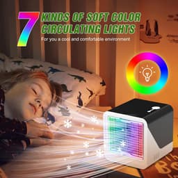 3stukDraagbare luchtkoeler–3-in-1 draagbare persoonlijke airconditioner – Watertank van 500 ml – 3 ventilatorsnelheden & ledverlichting in 7 kleuren – Ventilator met verdampingskoeling (USB-voeding) – Geschikt voor kamers, bureaus en kantoren – Zwart — thumbnail 4