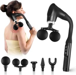 Massagepistool met dubbele kop met verlengde U-handgreep, 12 snelheden, stil massageapparaat 36 dB met 5 opzetstukken, lcd-display en type-C voor rug, nek, benen, fascia - zwart — thumbnail 1