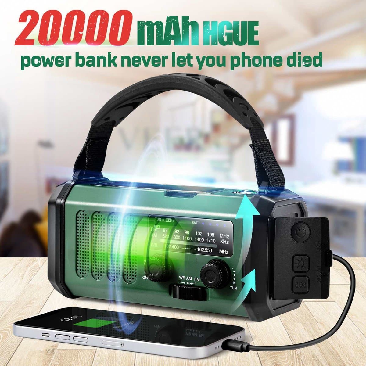 Solar Noodradio met Dynamo – 20.000 mAh Powerbank – AM/FM Radio – Zaklamp met SOS-Model 2026 — afbeelding 1