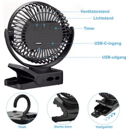 YONO Clip Ventilator Oplaadbaar - Ventilator met Klem - Afstandsbediening - 3 Snelheden - Timer - LED Verlichting - 12.000 mah - USB-C - 360° Draaibaar - Zwart — thumbnail 3