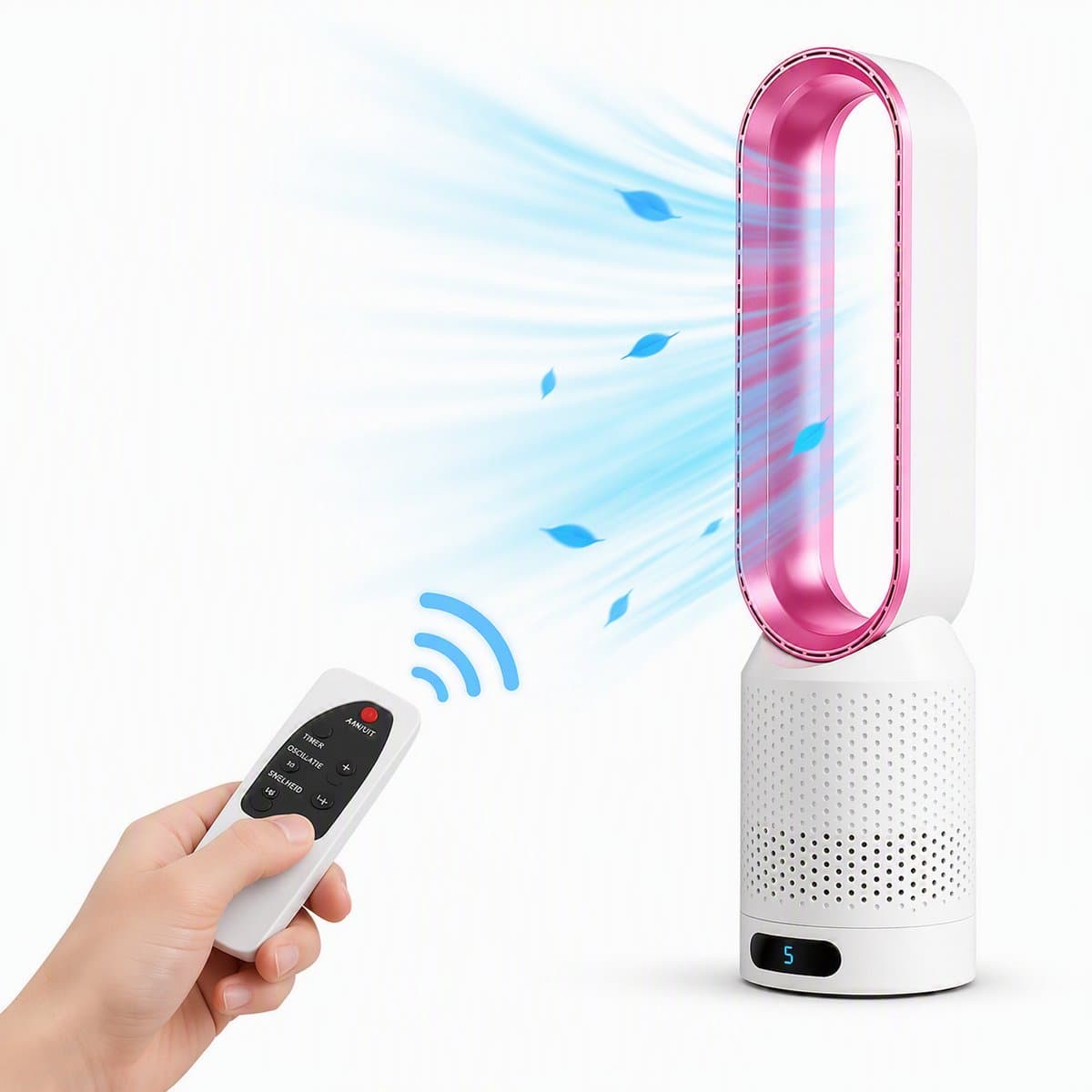 HomeGoodies Bladloze Ventilator met Afstandsbediening – Stil – 8 standen - 90° Oscillatie & Timer – Slaapkamer & Woonkamer - Roze — afbeelding 1