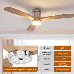 Plafondventilator met Lamp en Afstandsbediening – Houten Bladen – Stil 6 Snelheden & LED (3000-6500K) — thumbnail 5