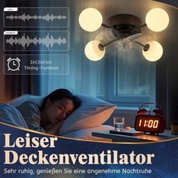 Plafondventilator met G9-licht, stille DC-motor, 6 snelheden, timer, afstandsbediening, 4 melkwitte lampenkappen, voor 15-25 m², zwart. — thumbnail 2