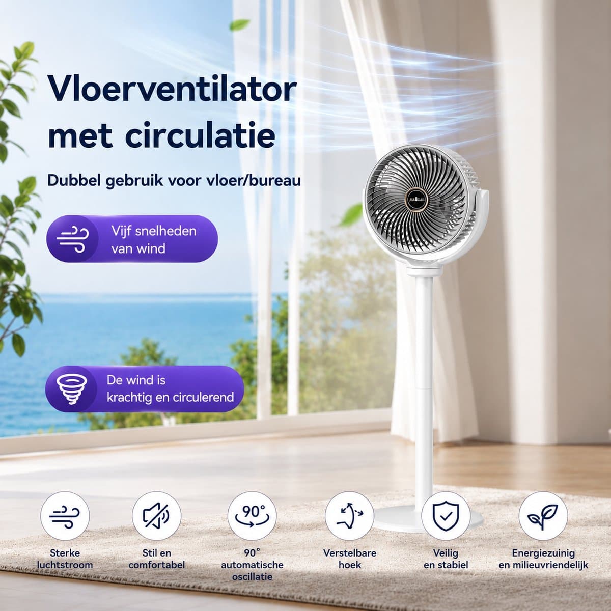 Staande Circulatieventilator met Afstandsbediening en Luchtbevochtiger - 4 Windsnelheden - Oscillatie 90°/120°/150° - Timer 3/6/9 uur - Verstelbare Hoogte - Wit — afbeelding 1