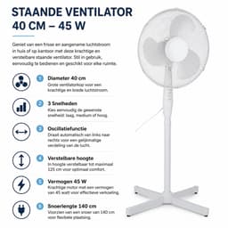 Krachtige Staande Ventilator – 40 cm – 3 Snelheden – Oscillatiefunctie – Verstelbare Hoogte tot 125 cm – 45 W – Wit — thumbnail 4
