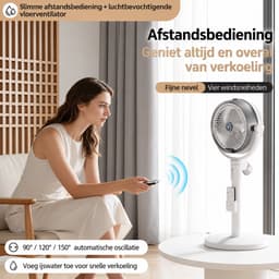 Luchtbevochtigende Statiefventilator met Afstandsbediening - Draadloos Oplaadbaar - 4 Windsnelheden - 3 Hoogtes - Vernevelfunctie - Timer 3/6/9 Uur - USB-C - Wit — thumbnail 2