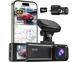 SnelShoppen - 4K Dual Dashcam met 2 Sensoren, 64GB Kaart, Wi-Fi, GPS, 3.18" IPS, 170° Hoek, 24/7 Parkeerbewaking, Loopopname, WDR voor Auto