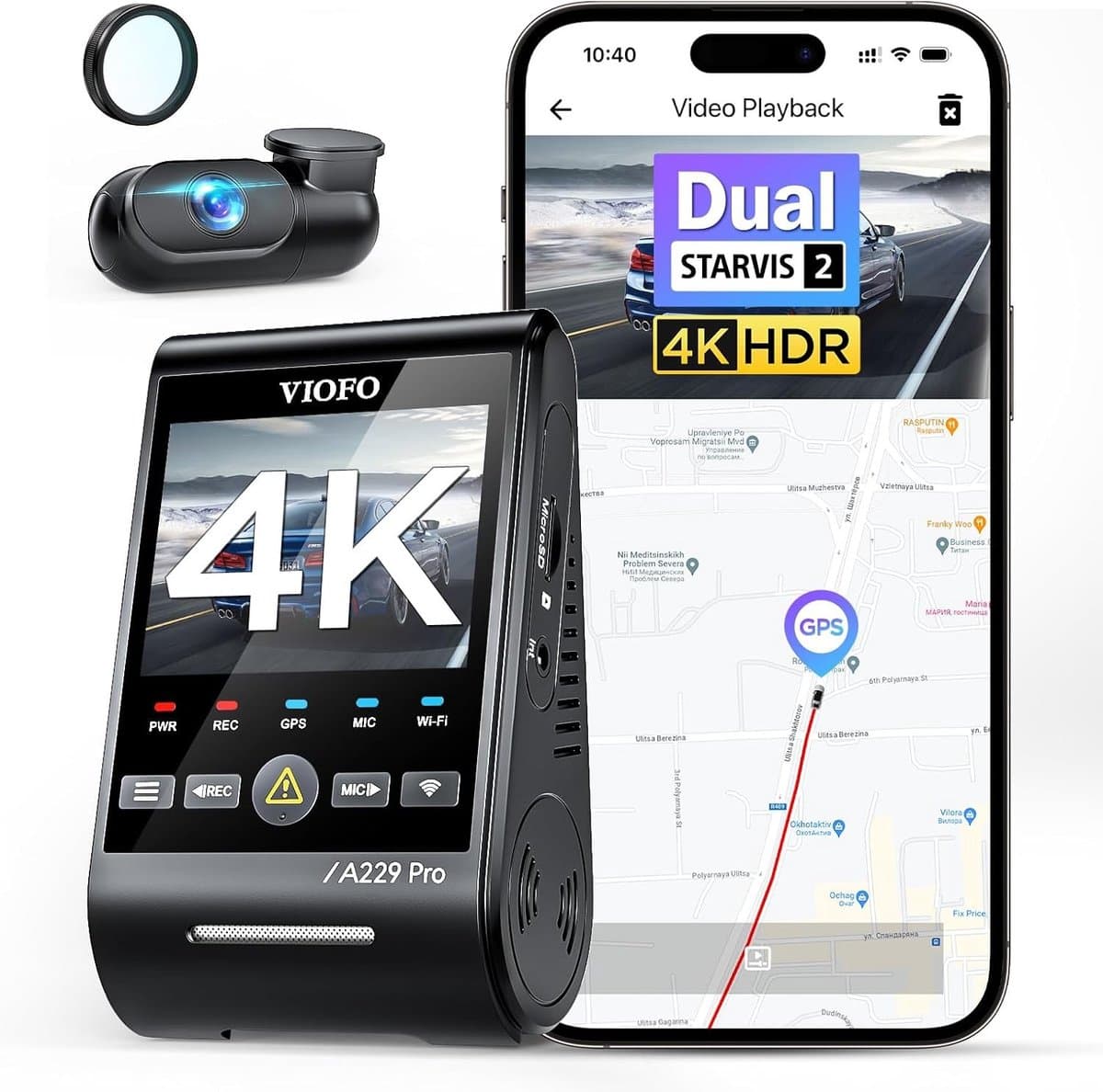 Dashcam voor auto - Zwart - 4K voor en 2K achter - Dual STARVIS 2 Sensoren met GPS en Spraakbesturing - Met Nachtzicht en Wi-Fi — afbeelding 1