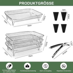 Accessoireset voor airfryer, gemaakt van roestvrij staal – drielaags metalen rooster, geschikt voor airfryers, te gebruiken als uitlek- en grillrooster, voedselveilig en duurzaam. — thumbnail 4