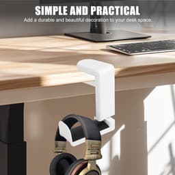 Koptelefoon standaard - Hoofdtelefoon hanger - Koptelefoon houder voor onder bureau - Headset hanger - Headset standaard - Opbergrek - Haken - met 360 graden draaibare haak en kabelclip - voor hoofdtelefoons, petten, brillen - wit — thumbnail 3