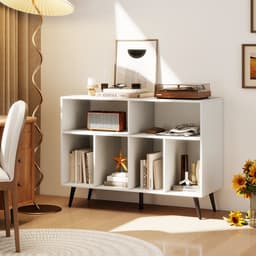 COSTWAY Draaitafel standaard 3-traps draaitafel kast met vinyl opbergplanken, opbergtafel voor vinylplaten, opberghouder voor woonkamer, muziekkamer (wit) — thumbnail 4
